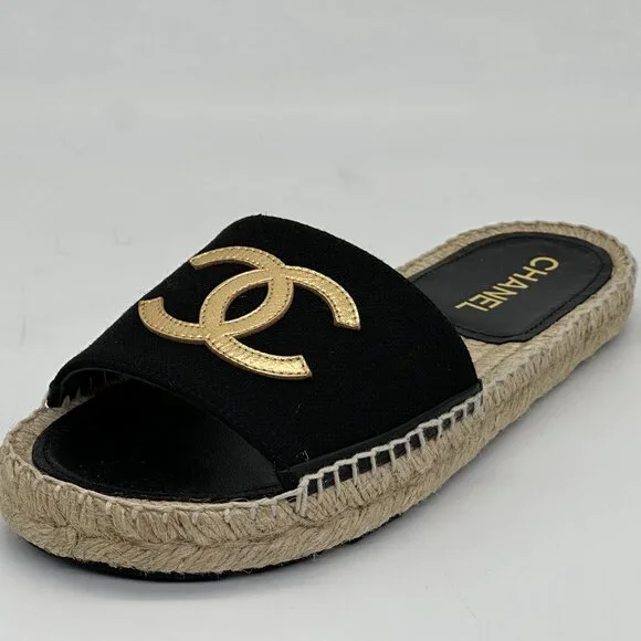 CHANEL Shoes Chanel 24p Cc Wool Fabric Leather Flat Slide Mules Espadrille Sandals Shoes Poshmark